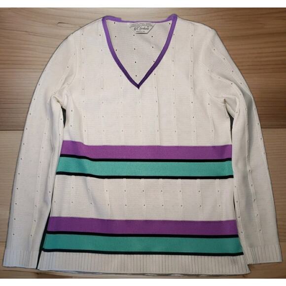 NPC Fashions Purple Teal Black On White Sweater - Picture 1 of 8